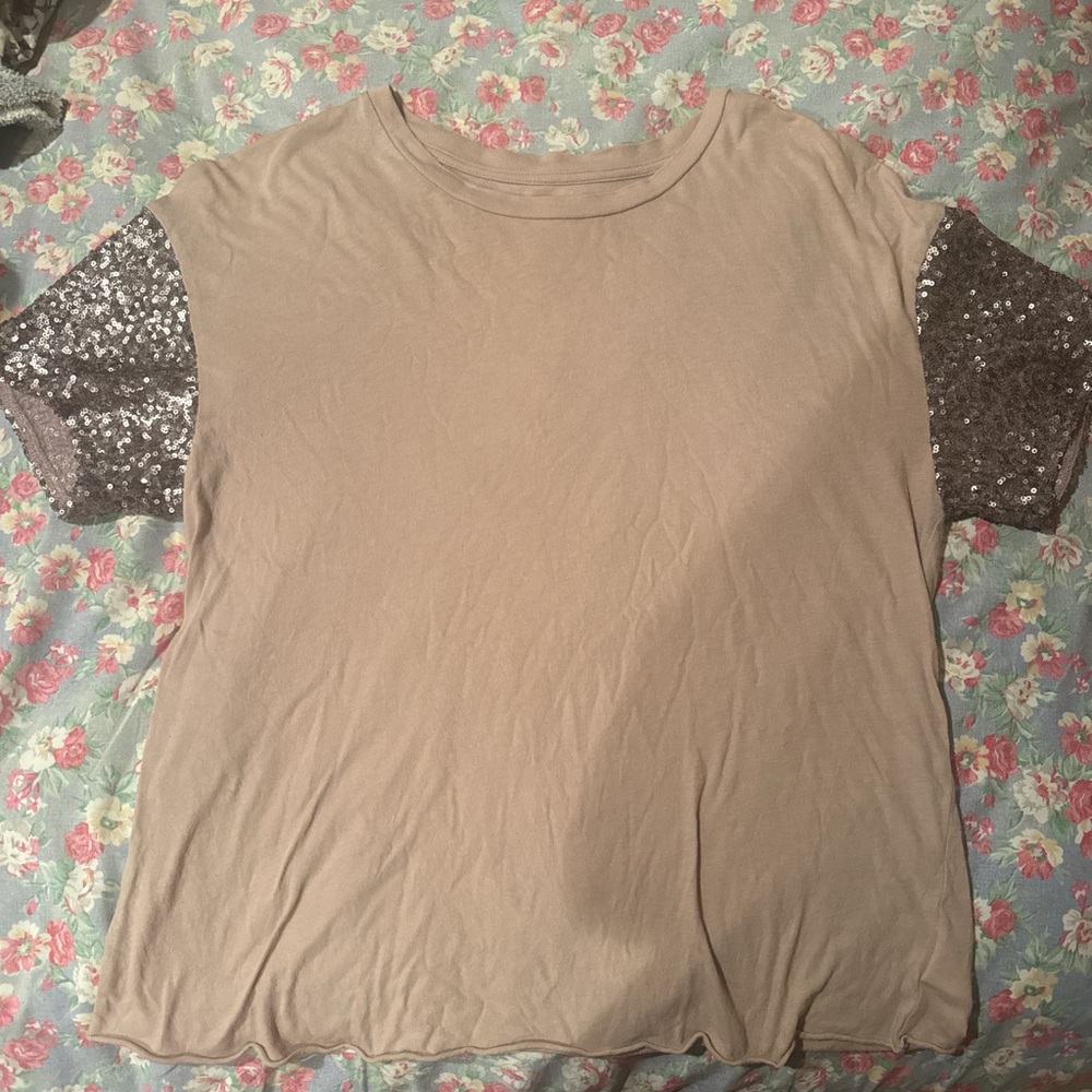 American Eagle Outfitters Mauve Top with Silver Sequin Sleeves Size S